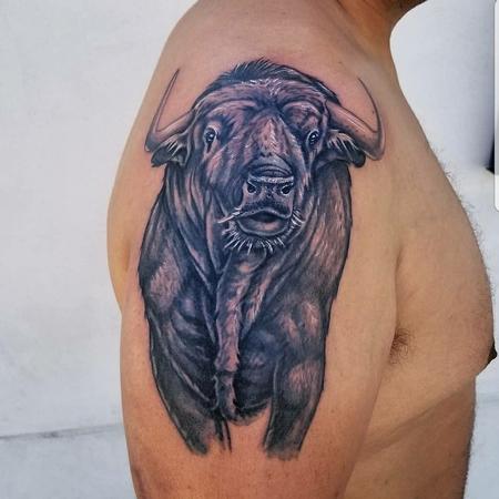 Cody Cook - black and grey realistic buffalo shoulder tattoo
